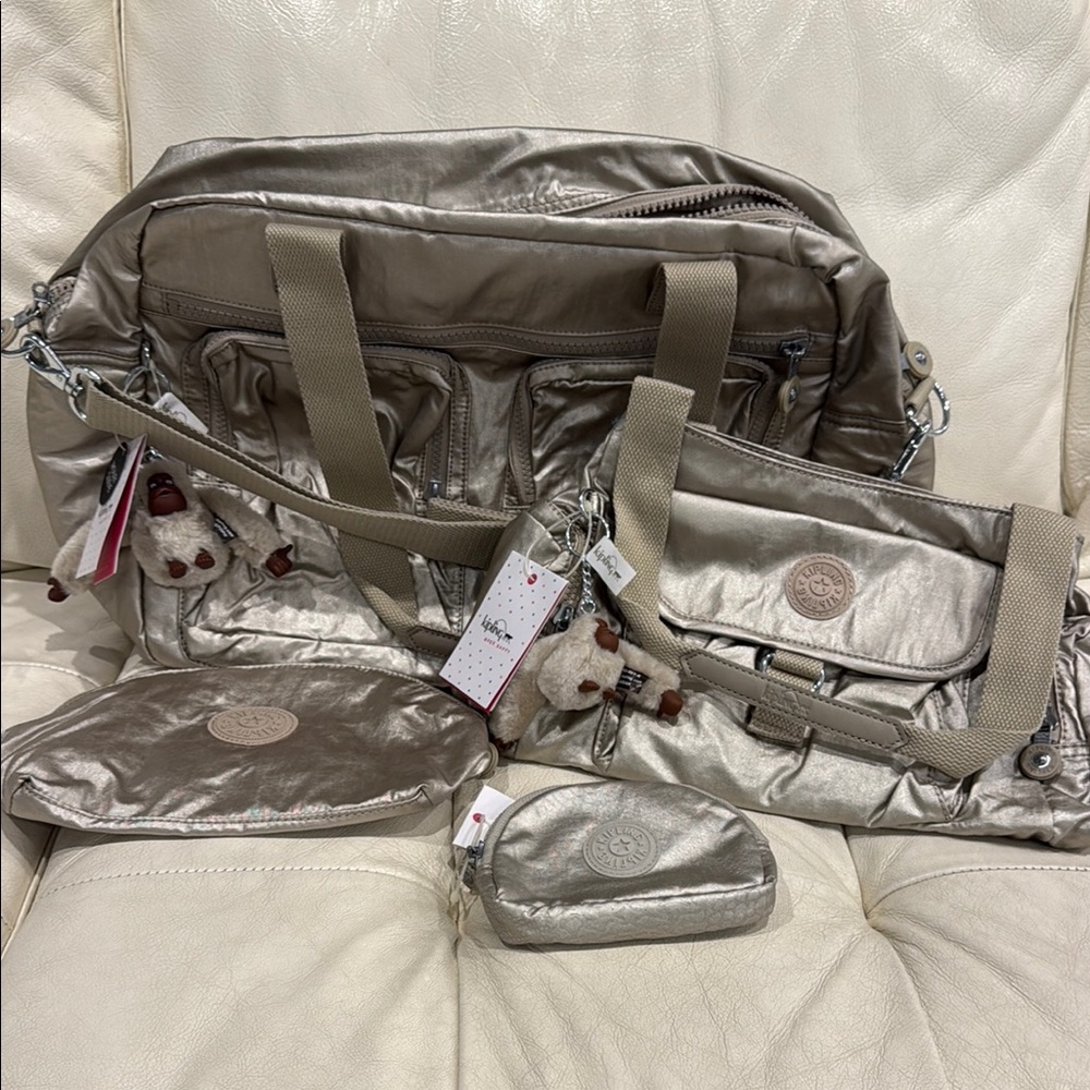 Kipling Gold Metallic  Travel Bag Set with Pouches